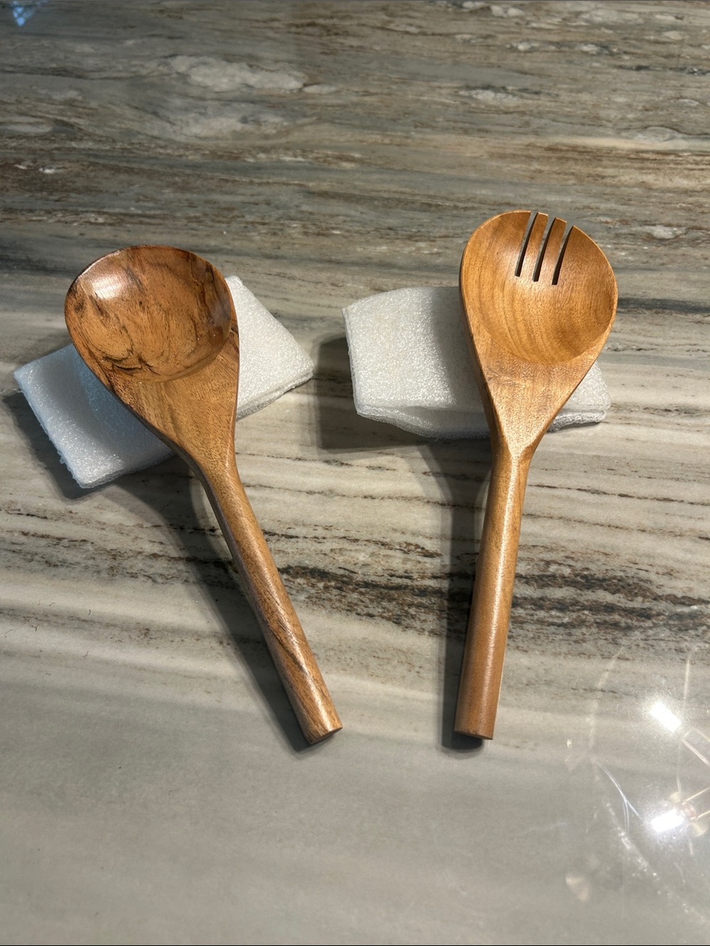 Wooden Salad Serving Spoon and Slotted Spoon - Natural Wood NWT set